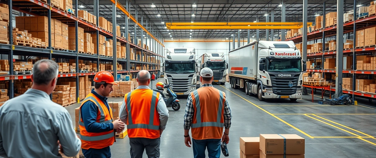 Ein dynamisches Lager mit Mitarbeitenden, die Waren organisieren und Transportprozesse überwachen, während Logistikfahrzeuge im Hintergrund beladen werden. Im Fokus stehen die effiziente Materialbereitstellung und reibungslose Lieferketten für die industrielle Produktion.