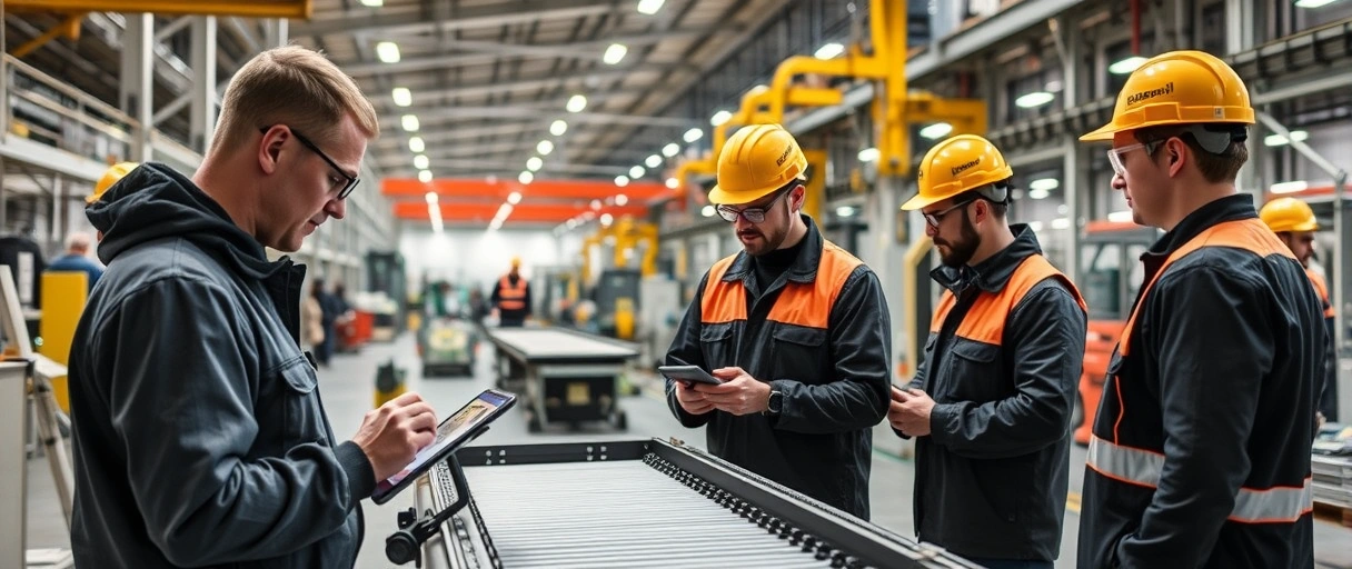 Ein dynamisches Industrieumfeld mit Mitarbeitenden, die Materialflüsse auf Tablets überwachen, automatische Förderbänder steuern und Gabelstapler in einer modernen Fabrikhalle koordinieren – symbiotische Zusammenarbeit zwischen Mensch und Technik.
