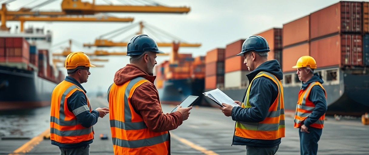 Ein dynamisches Hafenszenario mit Containerschiffen, Kränen und Logistikmitarbeitern in Sicherheitswesten, die den Entladeprozess koordinieren. Im Vordergrund überprüft ein Team mit Tablets und Dokumenten die Anlieferung, während im Hintergrund stapelweise Container die globale Vernetzung symbolisieren.