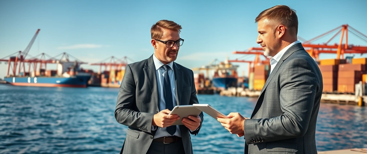 Ein Vertriebsmitarbeiter im Business-Outfit steht an einem belebten Hafen mit Frachtschiffen und Containern im Hintergrund, während er mit einem Kunden spricht und auf einen Tablet-Computer zeigt. Die Szene vermittelt Dynamik durch Kranaktivitäten, Logistikfahrzeuge und eine globale Atmosphäre mit blauem Himmel.