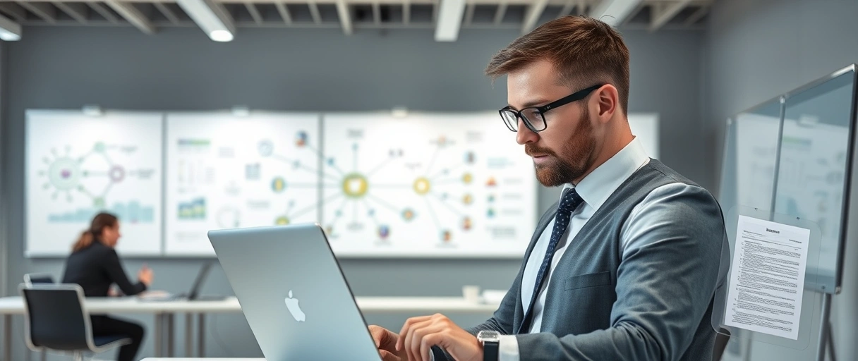 Ein professionell gekleideter Logistikberater analysiert vor einem Laptop ein Netzwerkdiagramm, umgeben von Symbolen wie Lieferkettenmodellen und digitalen Tools. Im Hintergrund arbeiten Kollegen an transparenten Whiteboards mit Prozessvisualisierungen, während ein Stapel Bewerbungsunterlagen diskret am Rand platziert ist.