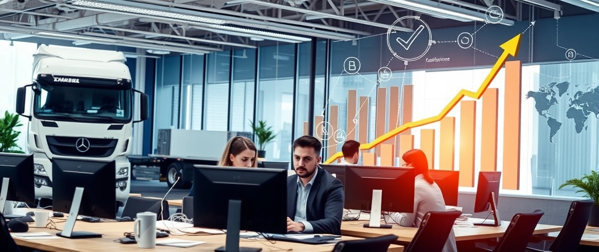 Ein dynamisches Büroumfeld mit Fachkräften, die an Computern arbeiten, umgeben von Symbolen wie LKWs, Lagerhallen und globalen Netzwerken. Im Hintergrund eine Checkliste und eine aufsteigende Grafik, die beruflichen Erfolg in der Logistikbranche symbolisieren.