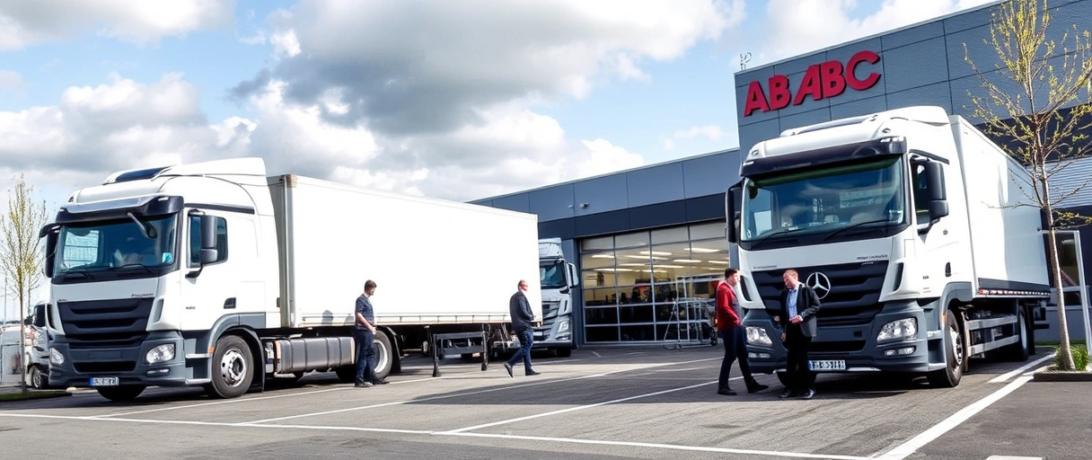 Das Bild zeigt das moderne Firmengelände von ABC Logistik in Düsseldorf mit Mitarbeitern in verschiedenen Tätigkeitsbereichen wie Lagerlogistik, Disposition und Bewerbungsgesprächen, um die vielfältigen Karrieremöglichkeiten darzustellen. Dynamische Szenen mit LKWs, Büroarbeit und Teamkooperation vermitteln eine professionelle und zukunftsorientierte Arbeitsatmosphäre.