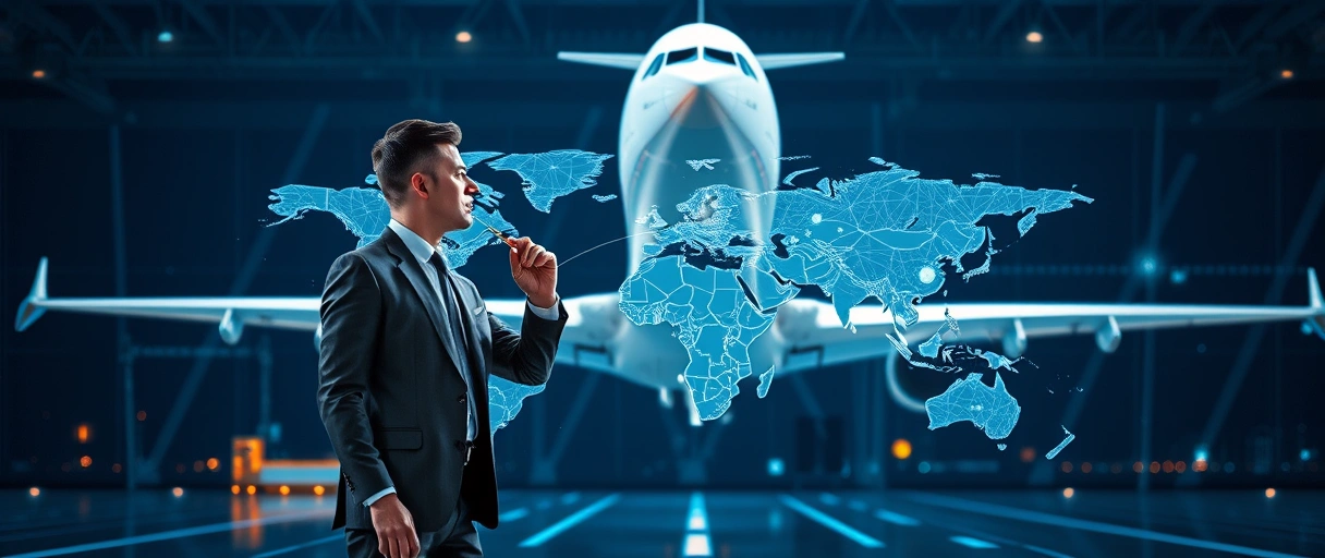 Ein Bewerber in Businesskleidung analysiert eine digitale Weltkarte mit Logistiknetzwerken vor einem Airbus-Flugzeug im Hintergrund, umgeben von moderner Technologie. Im Fokus stehen dynamische Arbeitsprozesse und internationale Vernetzung in der Luftfahrtbranche.