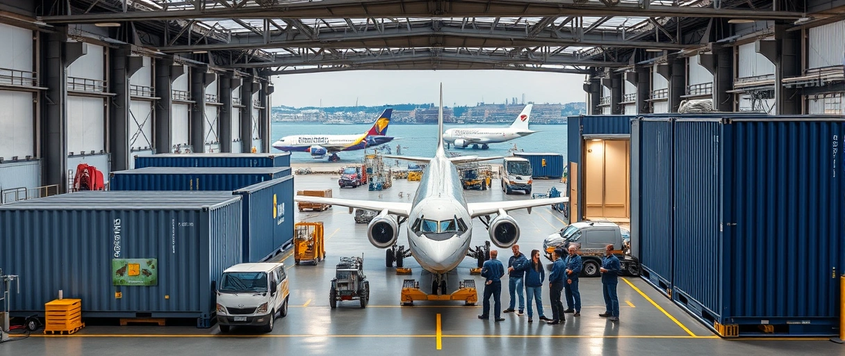 Ein modernes Logistikzentrum von Airbus in Hamburg mit Frachtcontainern, Flugzeugteilen und einem Team aus Fachkräften, die in einer hochtechnologischen Umgebung zusammenarbeiten. Im Hintergrund sind die typischen Hafenanlagen Hamburgs mit Schiffen und Kränen zu sehen.