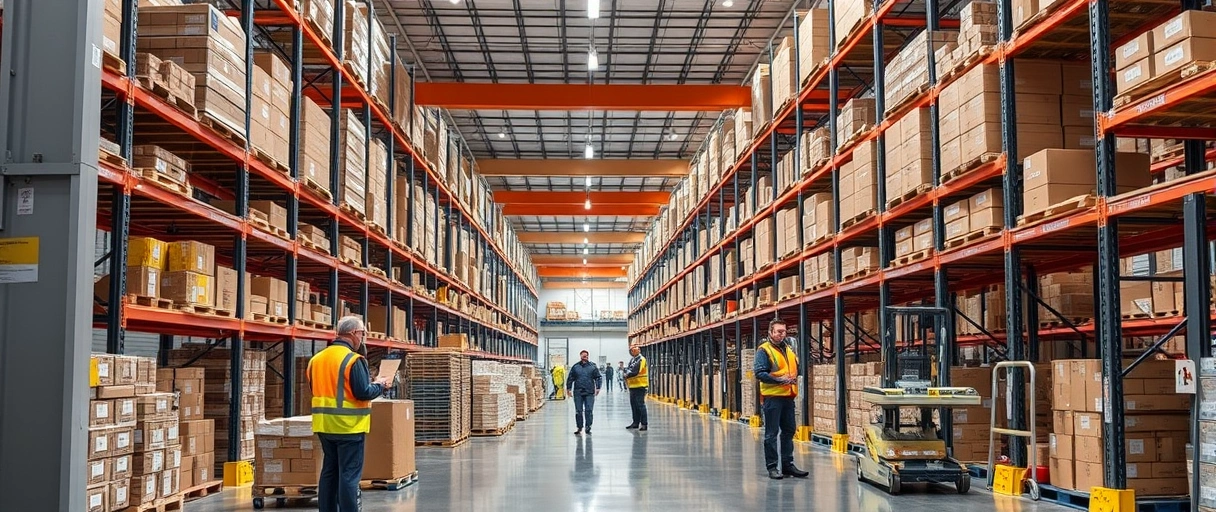Ein modernes Aldi-Logistikzentrum mit Lagerhallen, Regalsystemen und Gabelstaplern, die Waren transportieren. Mitarbeiter in Arbeitskleidung organisieren Lieferungen oder bedienen digitale Systeme in einer strukturierten Umgebung.