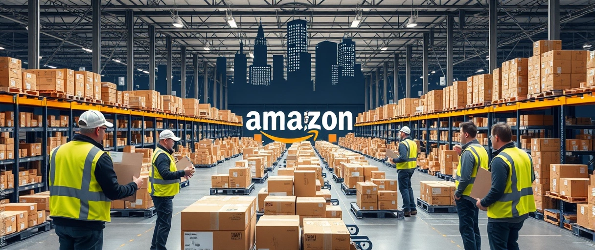 Ein dynamisches Logistikzentrum von Amazon in München mit Mitarbeitern in Sicherheitswesten, die Pakete auf Transportbändern sortieren, vor einer modernen Stadtsilhouette mit erkennbaren Münchner Wahrzeichen. Gabelstapler und Regalreihen unterstreichen die effiziente Arbeitsumgebung, während aktive Mitarbeiter den energiegeladenen Betrieb verdeutlichen.