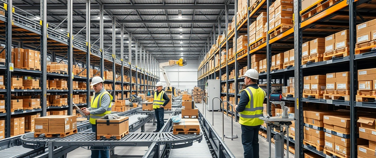 Eine moderne Lagerhalle mit Mitarbeitern in Sicherheitswesten, die Pakete auf Förderbändern sortieren, Regale befüllen und mit mobilen Scannern arbeiten, umgeben von robotergestützter Technologie. Das Bild zeigt ein dynamisches, organisiertes Arbeitsumfeld mit Fokus auf Teamarbeit und effizienten Logistikprozessen.