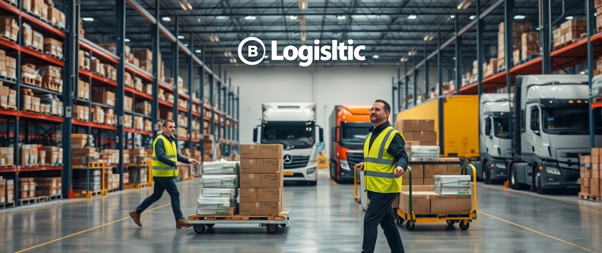 Ein modernes Logistikzentrum in Ennigerloh mit Mitarbeitern in Sicherheitskleidung, die Ware mit Gabelstaplern transportieren, vor einer Kulisse aus Regalreihen und LKWs, das Firmenlogo der B Logistik dezent im Hintergrund. Die Szene strahlt Dynamik und professionelle Arbeitsatmosphäre aus.