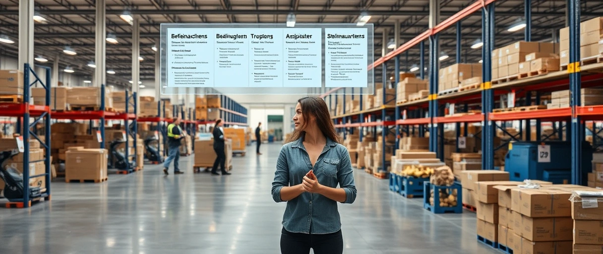 Ein modernes Logistikzentrum in Bonn mit Mitarbeitenden bei der Arbeit, während eine Person symbolisch eine Bewerbungsmappe übergibt. Im Hintergrund hängen Stellenausschreibungen an einer digitalen Tafel.