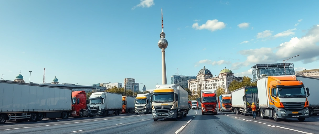 Ein dynamisches Stadtpanorama Berlins mit Logistik-LKWs, Lagerhallen und vernetzten Transportrouten im Vordergrund, begleitet von motivierten Fachkräften in Arbeitskleidung. Ikonische Sehenswürdigkeiten wie der Fernsehturm ragen hinter modernen Logistikzentren hervor, während symbollhafte Pfeile Aufstieg und Innovation betonen.