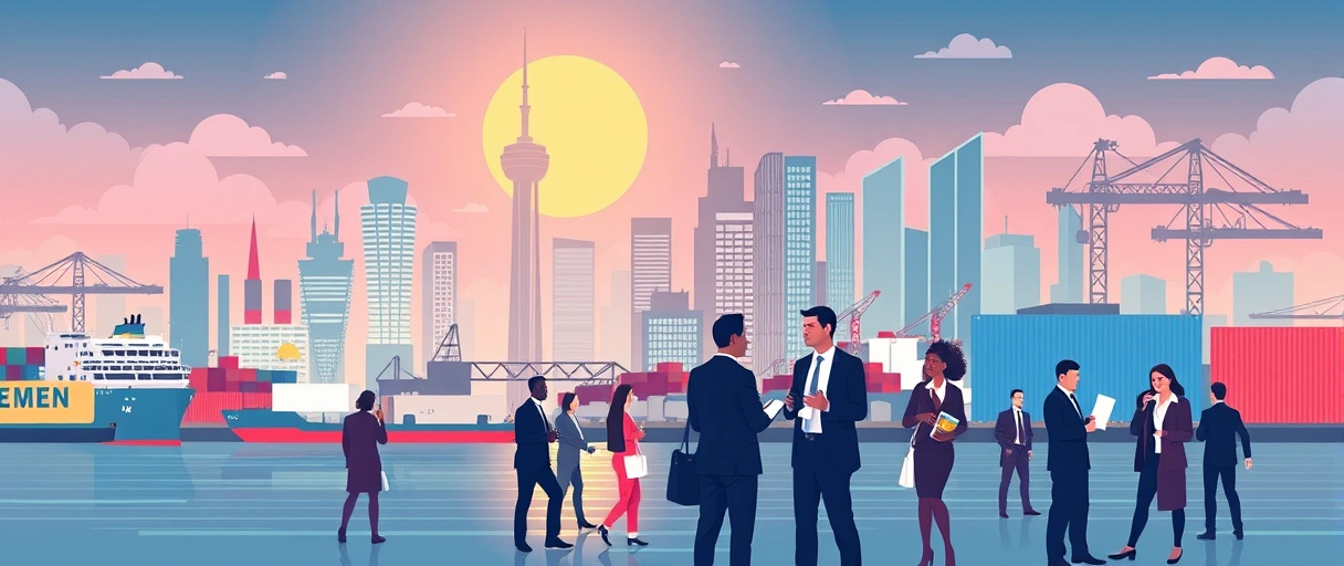 A modern illustration of Bremen’s skyline with logistics elements like cargo ships, trucks, and warehouses, alongside professionals networking and holding resumes. The scene highlights vibrant job opportunities in the logistics sector with a dynamic, futuristic aesthetic.