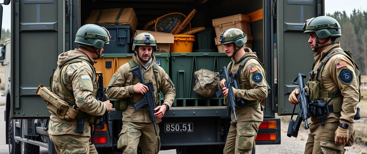 Ein dynamisches Bild zeigt Bundeswehr-Soldaten in Uniform, die gemeinsam Logistikmaterial wie Kisten und Ausrüstung an einem LKW verladen, um Teamarbeit und effiziente Versorgung in militärischen Einsätzen darzustellen.