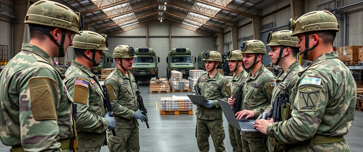 Ein Bild zeigt Soldaten in Uniform, die in einem Lagerhaus oder Kommandostützpunkt zusammenarbeiten, um Waren zu organisieren oder digitale Logistiksysteme zu überwachen. Im Hintergrund sind Militärfahrzeuge, Paletten mit Ausrüstung und Technologie wie Laptops oder Kartendisplays zu sehen.
