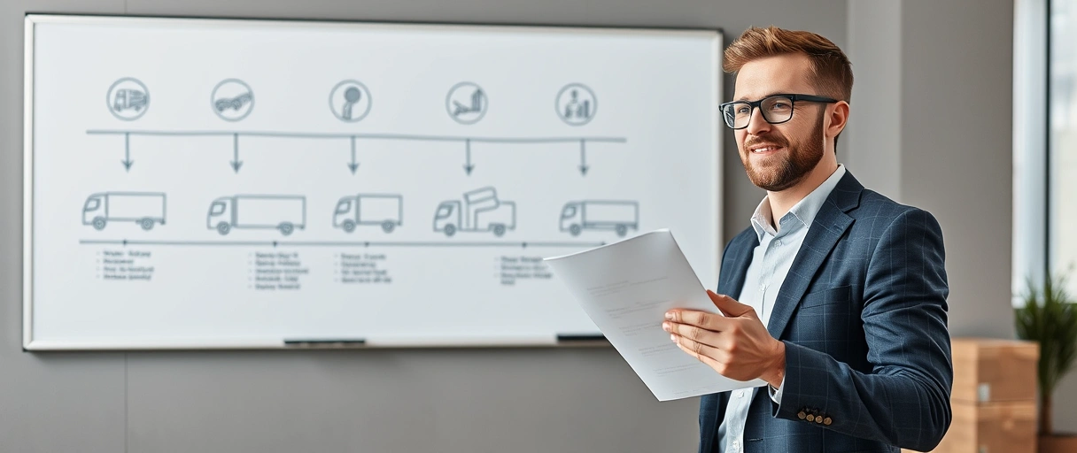 Ein motivierter Bewerber in einem modernen Logistikbüro bereitet Unterlagen vor, während im Hintergrund ein Whiteboard mit sieben symbolischen Schritten und transportbezogenen Elementen wie Paketen und Lieferfahrzeugen zu sehen ist. Die Szene strahlt Professionalität und strukturierte Karriereplanung aus, ohne Schrift oder Text im Bild.