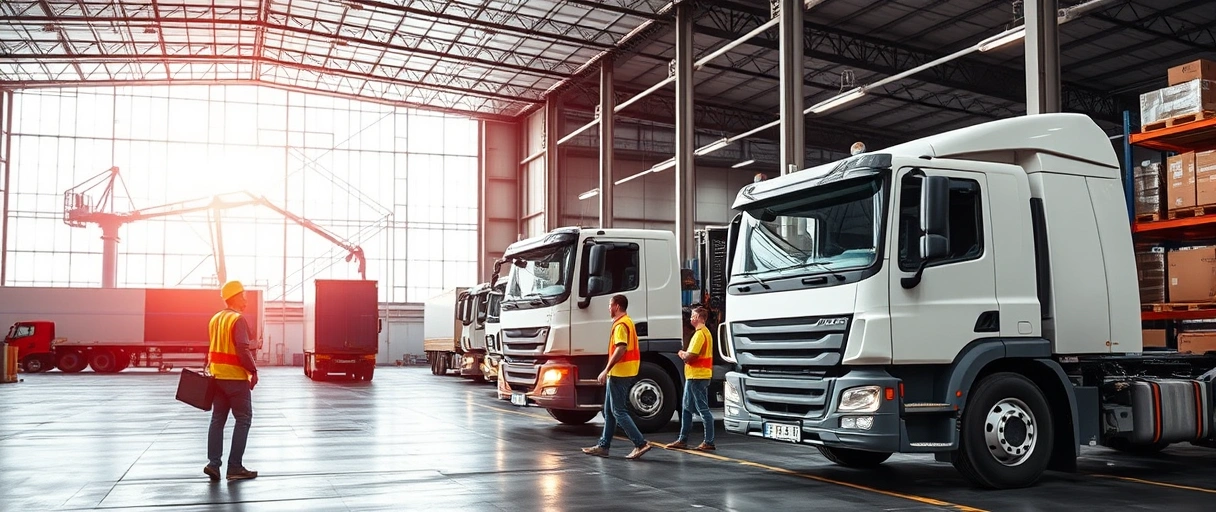 Ein dynamisches Team arbeitet in einer modernen Logistikanlage mit LKWs und Lagerhallen, während im Hintergrund ein Netzwerk aus Transportwegen und Infrastruktur die Vielfalt der Branche symbolisiert. Die Szene strahlt Effizienz, Zusammenarbeit und die Bedeutung sicherer Supply-Chain-Prozesse aus.