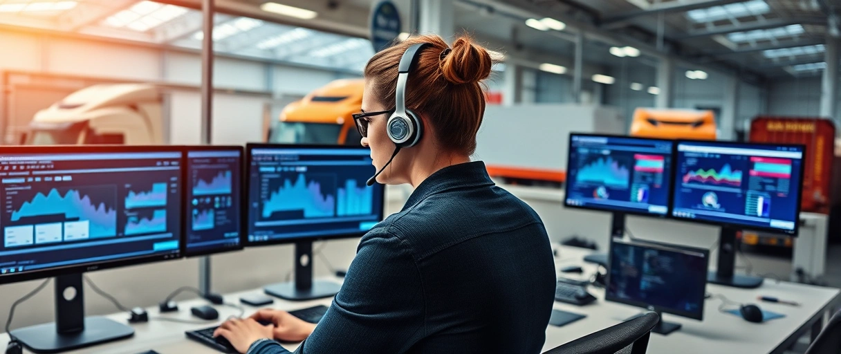 Ein dynamisches Bild zeigt eine Person mit Headset an einem modernen Büroarbeitsplatz, umgeben von Monitoren mit Logistiksoftware, während im Hintergrund LKWs und ein Lagerhaus erkennbar sind. Die Szene vermittelt Professionalität und verbindet digitale Planung mit praktischer Umsetzung in der Transportbranche.