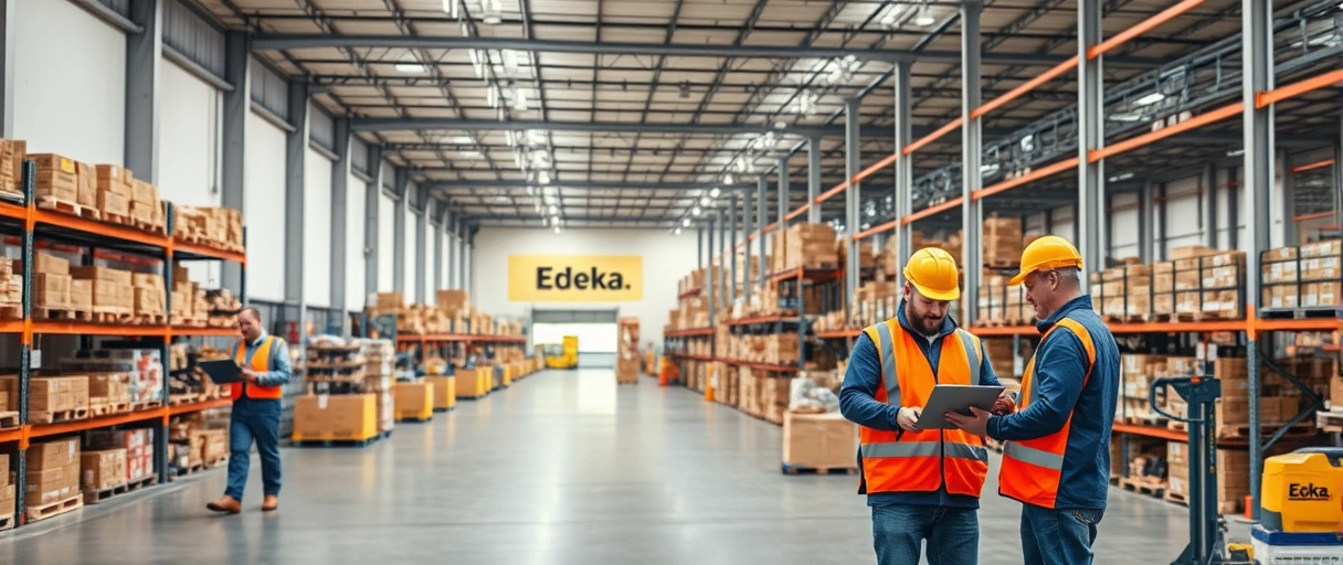 Ein modernes Edeka-Logistikzentrum mit Mitarbeitenden, die in einer Lagerhalle Waren organisieren, Gabelstapler bedienen oder digitale Systeme nutzen. Das Bild strahlt effiziente Arbeitsabläufe und ein teamorientiertes Umfeld aus.