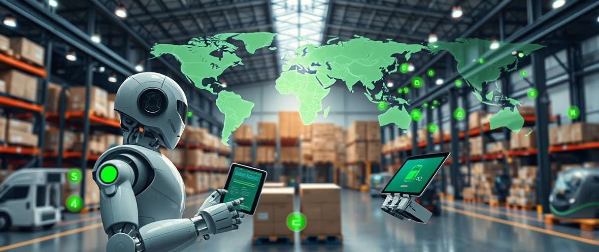 Ein dynamisches Bild zeigt moderne Logistikprofis in einem hochtechnisierten Lager mit Robotern, Tablets und grünen Symbolen wie E-Ladestationen, während im Hintergrund globale Lieferketten via Weltkarte visualisiert werden. Die Szenerie strahlt Innovation, Vernetzung und Nachhaltigkeit aus, ohne Schrift oder Labels zu verwenden.