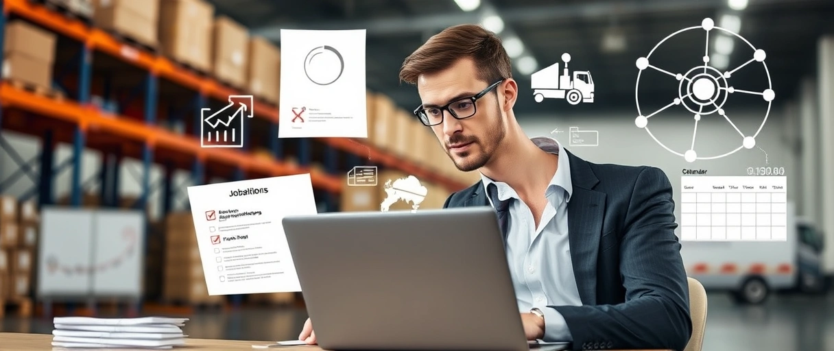 Ein professionell gekleideter Bewerber arbeitet an einem Laptop mit geöffneter Jobplattform, umgeben von Bewerbungsunterlagen, einer Checkliste und einem Kalender. Im Hintergrund sind Logistiksymbole wie ein Lagerregal, ein Lieferfahrzeug und ein Netzwerkdiagramm zu erkennen.