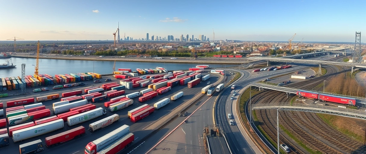 Ein Panorama des Dortmunder Hafens mit Kränen und Containern, im Hintergrund ein Netz aus Autobahnen mit LKWs und ein Eisenbahnknotenpunkt mit Güterzügen. Die Skyline der Stadt unterstreicht die urbane Logistik-Infrastruktur im Herzen des Ruhrgebiets.