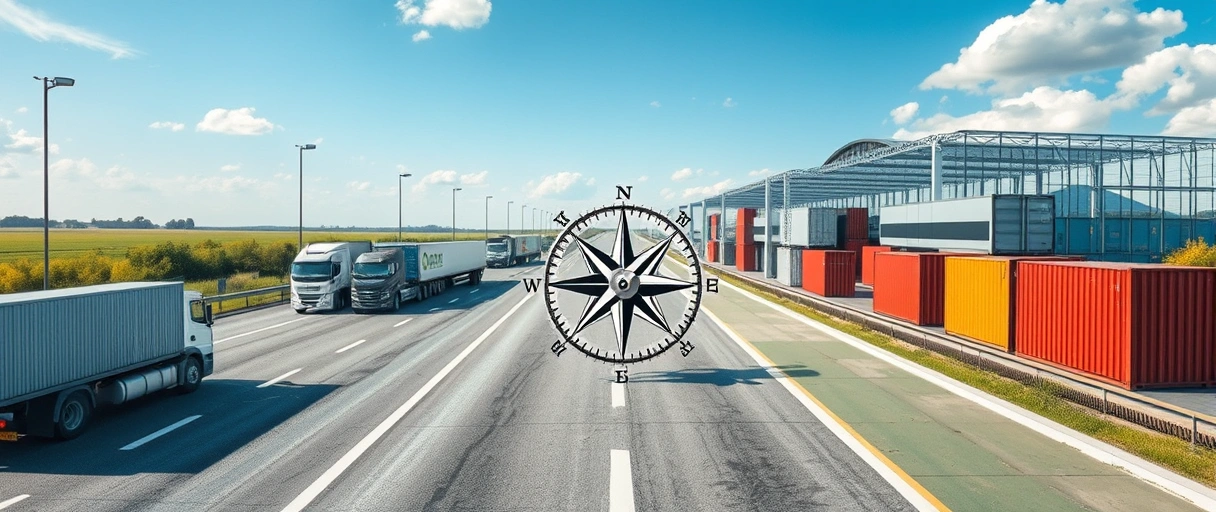 Ein dynamisches Bild mit einem Kompass auf einer Straße oder Landkarte, umgeben von LKWs, Containern und Lagerhallen, das berufliche Orientierung und Bewegung in der Logistikbranche symbolisiert.