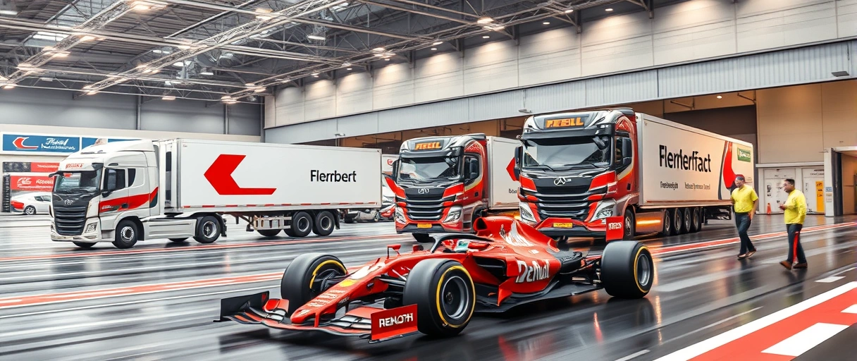 Ein dynamisches Bild einer Formel-1-Logistikszene mit schnellen Rennautos, LKWs mit Teamfarben, Flugzeugfrachtcontainern und koordinierenden Mitarbeitern im Rennstall- oder Lagerbereich. Die Szene vermittelt Geschwindigkeit, globale Transportnetzwerke und Teamarbeit ohne sichtbaren Text.