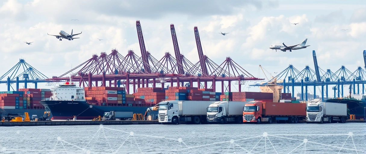 Das Bild zeigt den Hamburger Hafen mit Kranen, Containerschiffen und Logistikunternehmen im Hintergrund, umgeben von LKWs und Flugzeugen. Moderne digitale Elemente wie Netzwerklinien symbolisieren innovative Technologien in der Branche.