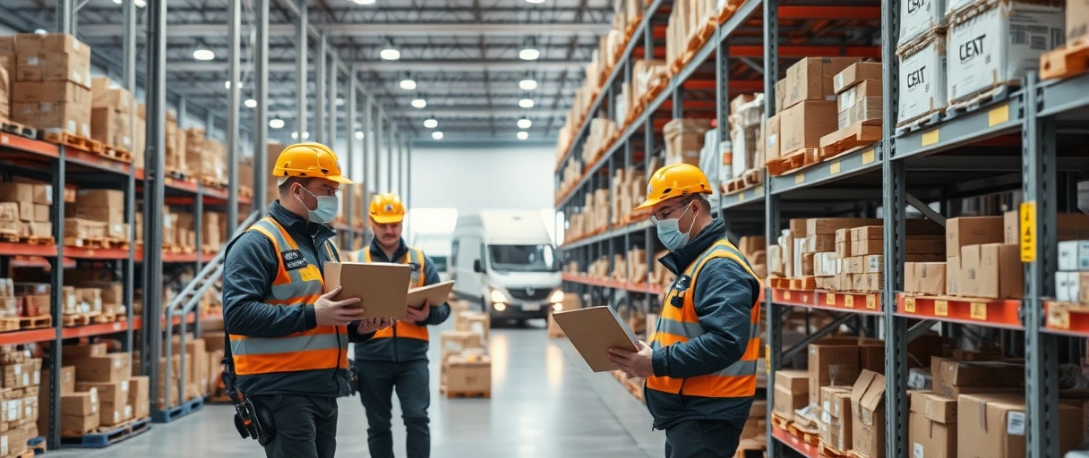 Ein dynamisches Lager mit Mitarbeitern in Sicherheitswesten, die Pakete scannen, Gabelstapler steuern und Waren auf modernen Regalsystemen organisieren. Im Hintergrund sind Lieferfahrzeuge und eine digitale Bestandsanzeige ohne Text zu sehen.