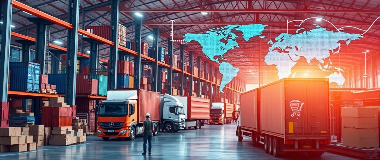 A dynamic scene depicts a busy warehouse with workers managing shipments, surrounded by trucks, cargo containers, and digital supply chain visuals, symbolizing global trade growth and e-commerce demand.