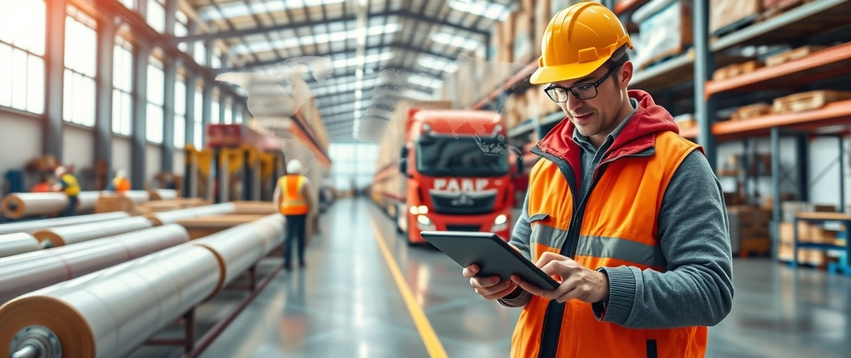 Ein dynamisches Bild zeigt eine moderne Lagerhalle mit rollenden Förderbändern, Arbeitern in Sicherheitswesten und Lkws im Hintergrund, während eine Person am Tablet Lieferrouten plant. Globale Lieferketten sind als digitale Overlay-Elemente angedeutet.