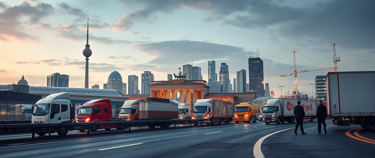 Ein dynamisches Bild mit der Berliner Skyline im Hintergrund, kombiniert mit modernen Logistik-Elementen wie Lagerhallen, Transportfahrzeugen und vernetzten Lieferwegen, während Fachkräfte in Businesskleidung in einem hochmodernen Arbeitsumfeld interagieren.