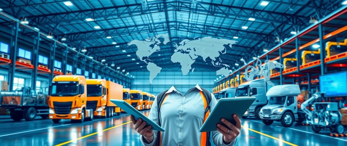 Ein dynamisches Bild zeigt eine moderne Lagerhalle mit vernetzten Transportbändern, LKWs und Mitarbeitern, die Tablets nutzen, während eine selbstbewusste Person mit Bewerbungsmappe im Vordergrund steht. Im Hintergrund sind globale Lieferrouten und technologische Elemente wie Roboter, die die Innovationskraft der Logistikbranche symbolisieren.