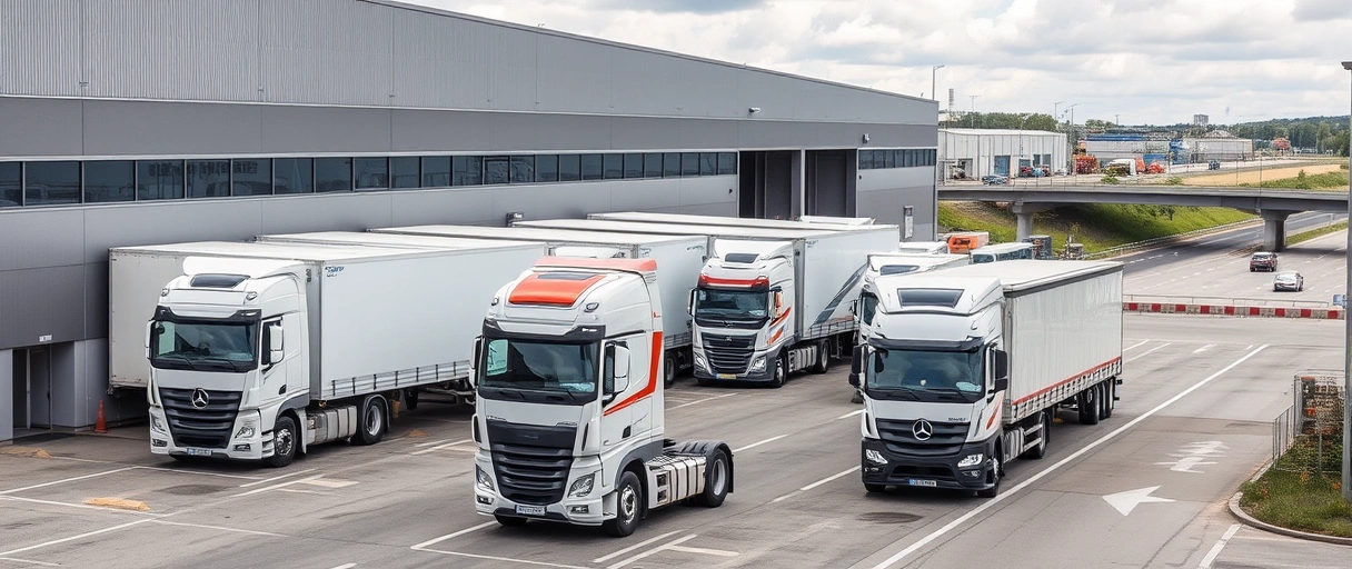 Ein modernes Logistikzentrum in Aschaffenburg mit LKWs im Außenbereich und Mitarbeitern, die Ware mit Gabelstaplern verladen. Im Hintergrund sind Industriegebäude und Autobahnanschlüsse zu erkennen.