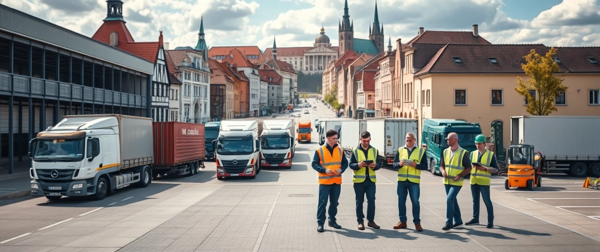 Ein dynamisches Stadtpanorama von Augsburg mit historischen Gebäuden im Hintergrund, kombiniert mit modernen Logistikzentren, LKWs und Mitarbeitenden in Sicherheitskleidung, die Ware in einem Lager organisieren. Im Vordergrund zeigt eine Gruppe vielfältiger Fachkräfte mit Tablets und Checklisten eine reibungslose Zusammenarbeit.