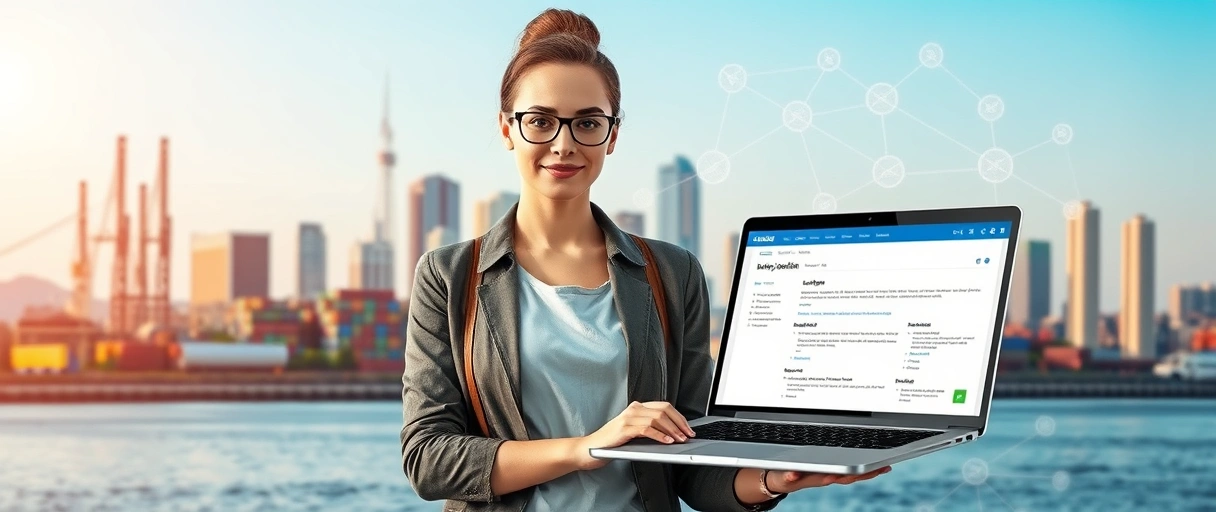 Ein dynamisches Bild zeigt eine entschlossene Person vor der Baseler Skyline mit Logistik-Symbolen wie Lagerhallen, Paketen und einem Netzwerkdiagramm im Hintergrund, während sie auf einem Laptop ein Jobportal durchsucht und einen Lebenslauf hält.