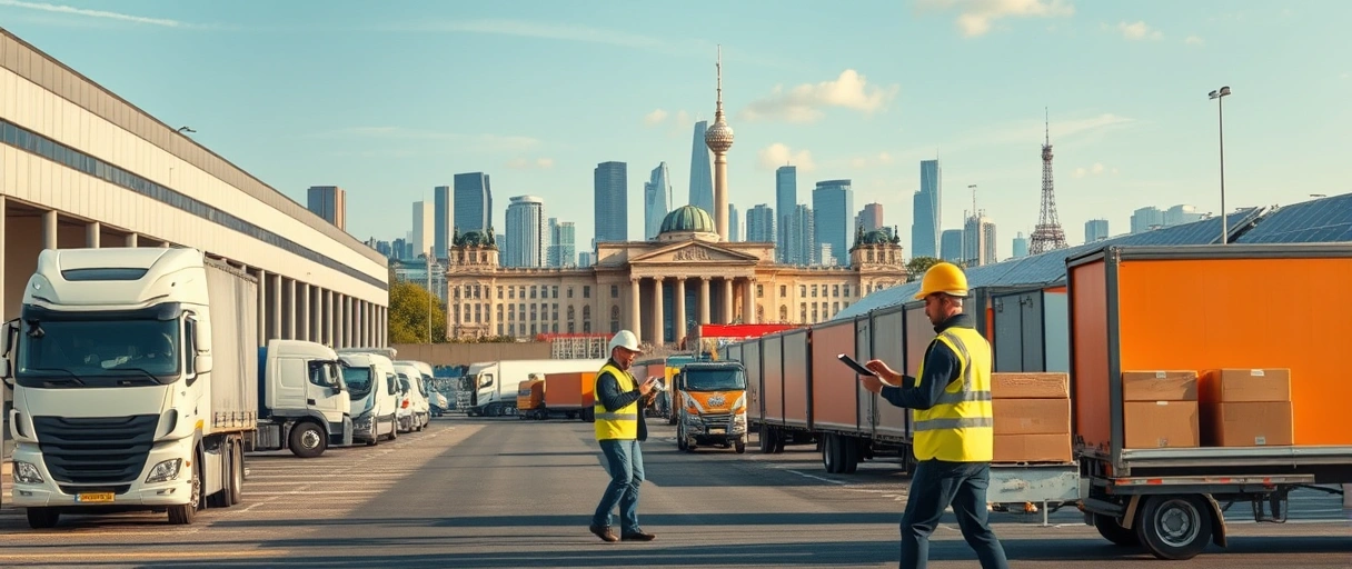 Ein dynamisches Bild zeigt moderne Lagerhallen mit Lkw und Lieferrobotern vor der Berliner Skyline, während Arbeiter mit Tablets und Sicherheitswesten Pakete in nachhaltigen Elektro-Transportern verladen. Im Hintergrund sind Logistikzentren mit Solarpanels und vernetzten digitalen Displays zu sehen.