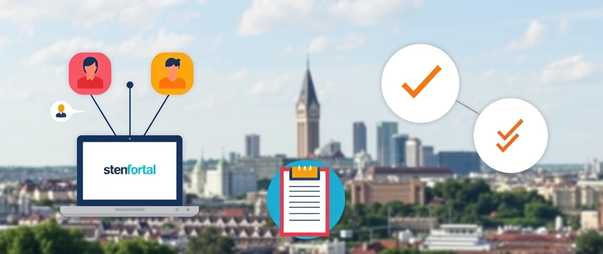 Ein Bild mit der Berner Skyline im Hintergrund, vorne Symbole wie ein Laptop mit Stellenportal, vernetzte Personen, ein Gabelstapler und eine Checkliste, die strategische Jobsuche in der Logistikbranche visualisieren. Farbige Akzente betonen Dynamik und Vielfalt der Berufsfelder.