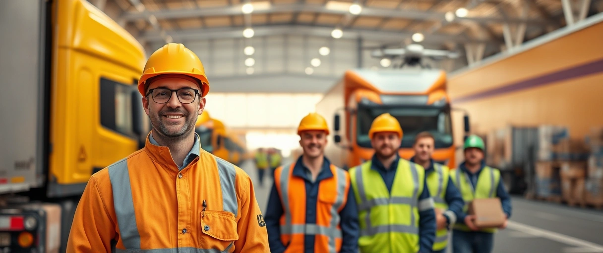 Ein modernes Logistikzentrum vor der Skyline Bielefelds, mit LKWs, Lagerarbeitern und Technikern, die in dynamischer Atmosphäre Waren organisieren und digitale Geräte nutzen. Im Vordergrund lächelt ein Team in Arbeitskleidung, während im Hintergrund ein Tech-Gebäude mit innovativen Logistiklösungen wie Drohnen oder Robotern zu sehen ist.