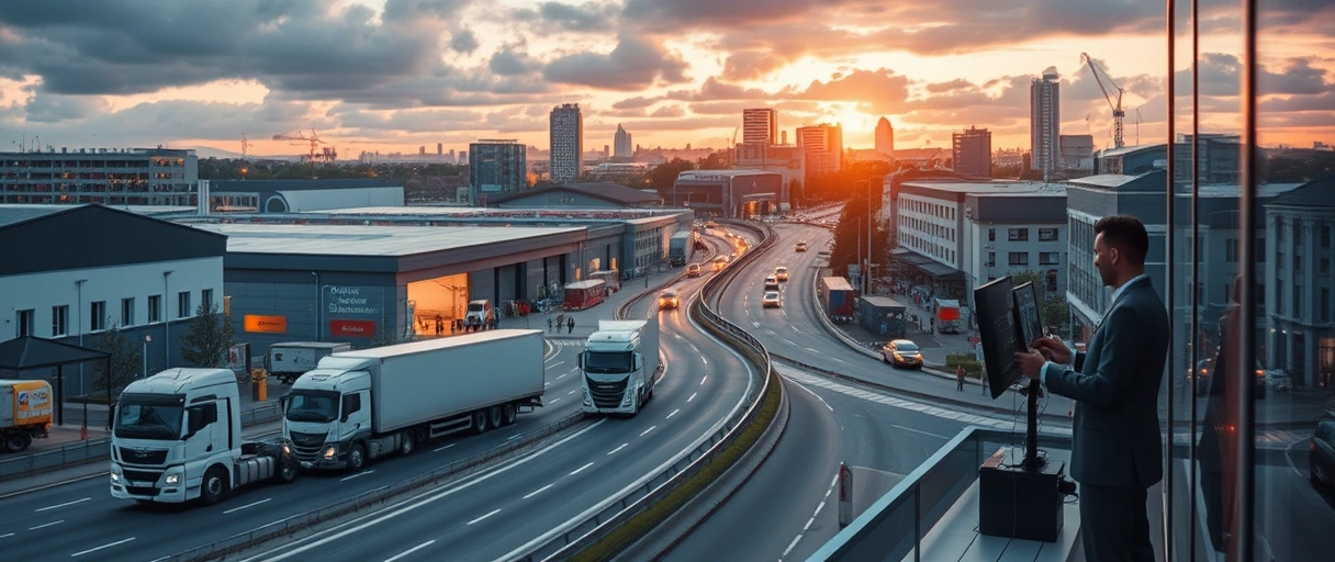 Das Bild zeigt eine dynamische Stadtansicht von Braunschweig mit Logistik-Elementen wie Lagerhallen, LKWs und Lieferverkehr, während Fachkräfte in modernen Büros oder an digitalen Geräten arbeiten. Es vermittelt eine professionelle Atmosphäre mit Fokus auf Technologie und vielfältige Karrieremöglichkeiten in der Logistikbranche.