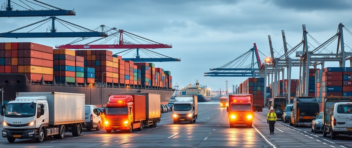 Das Bild zeigt eine lebhafte Hafenkulisse Bremens mit Containerschiffen, Kränen und modernen Logistikzentren, umgeben von Lastwagen und aktiven Mitarbeitern in Arbeitskleidung. Im Hintergrund sind typische maritime Elemente wie Wasserstraßen und Industrieanlagen zu erkennen, die die Dynamik der Logistikbranche unterstreichen.