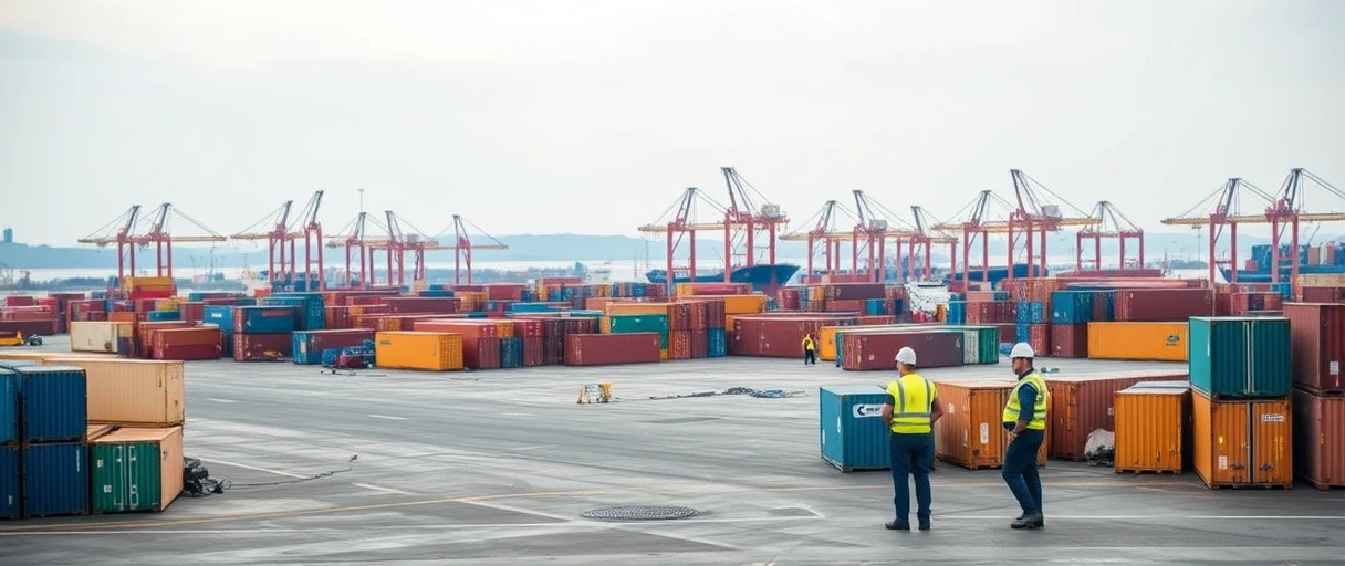 Ein weitläufiger Hafen mit zahlreichen Containern, Kränen und Schiffen im Hintergrund. Arbeiter in Sicherheitsausrüstung organisieren den reibungslosen Warenumschlag entladener Fracht.
