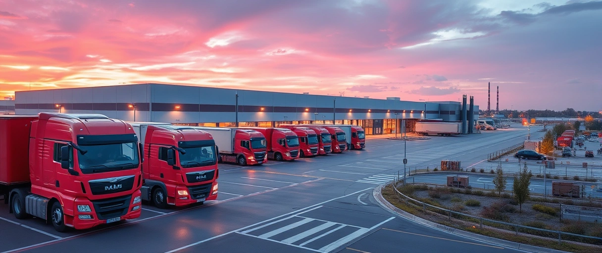 Das Bild zeigt ein modernes Logistikzentrum in Chemnitz mit LKWs, Lagerhallen und Arbeitern in Sicherheitswesten bei der Warenverladung, vor industrieller Kulisse und guter Verkehrsanbindung.