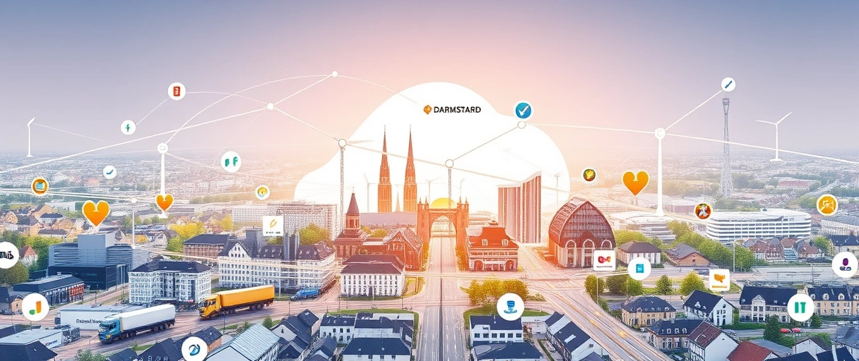 Ein dynamisches Stadtpanorama Darmstadts mit Logistik-Symbolen wie LKWs, Lagerhallen und vernetzten Lieferketten, umgeben von einer abstrakten Karte Hessens mit hervorgehobener Verkehrsanbindung nach Frankfurt. Kleine Icons für Automobil-, Pharma- und IT-Branchen unterstreichen die vielfältigen Arbeitgeber in der Region.