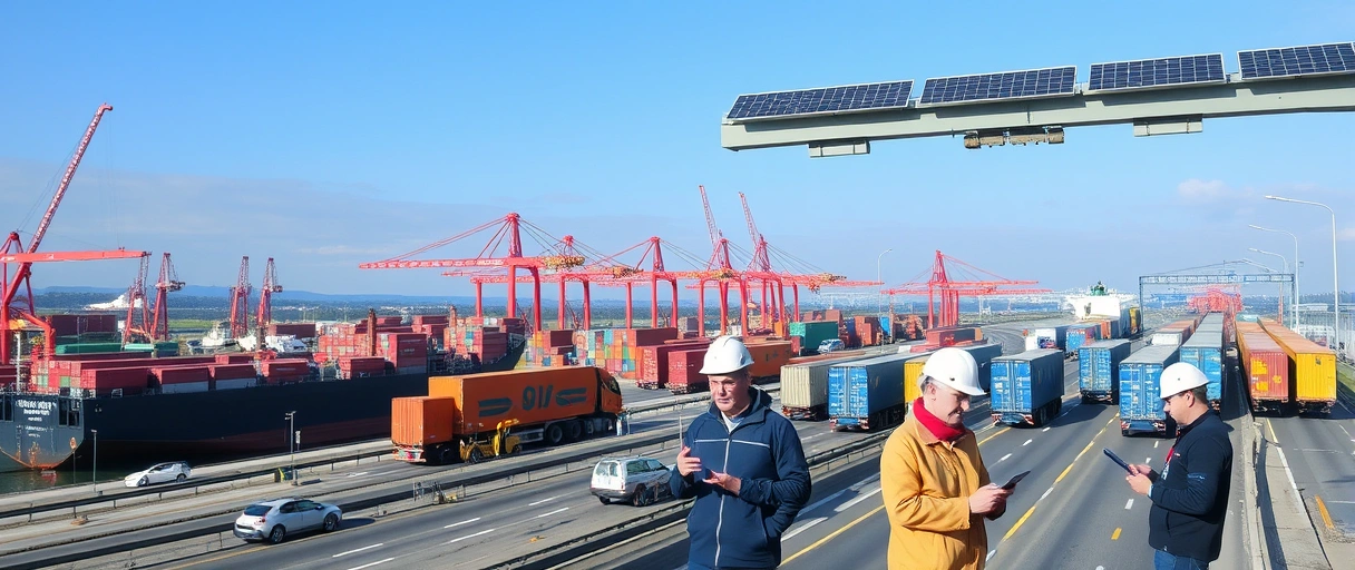 Ein Panorama des Dortmunder Hafens mit Containerschiffen, umgeben von Autobahnkreuzen mit LKWs und modernen Logistikzentren im Hintergrund. Im Vordergrund arbeiten Menschen mit Tablets an digitalen Lieferketten, während Solarpaneele auf den Dächern nachhaltige Energie symbolisieren.