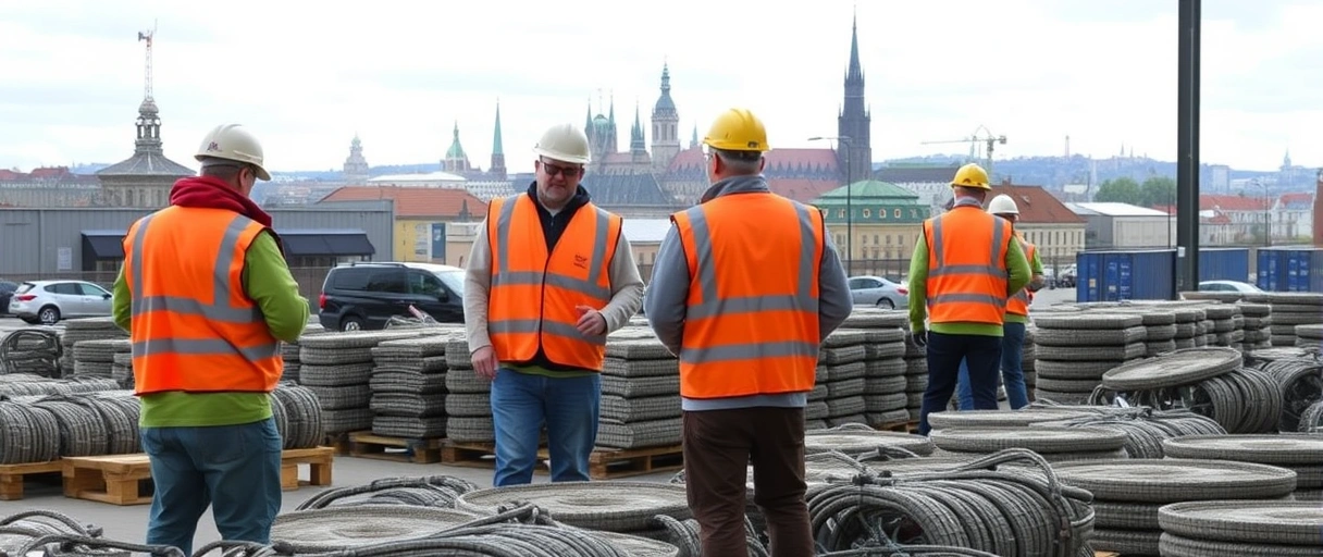 Mitarbeiter in Sicherheitswesten organisieren Ware in einem modernen Lager mit Förderbändern, während im Hintergrund die charakteristische Skyline Dresdens mit historischen Gebäuden erkennbar ist.