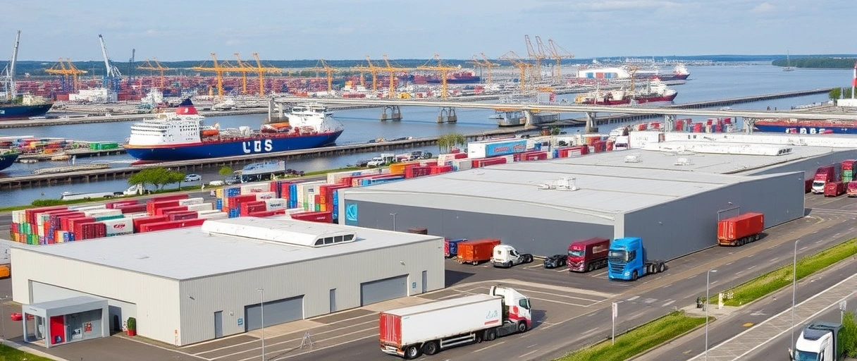 Ein Bild des geschäftigen Duisburger Hafens mit Frachtschiffen, Kränen und stapelnden Containern, umgeben von Autobahnen und Schienennetzen im Hintergrund. Im Vordergrund sind moderne Logistikgebäude und Lastwagen zu sehen, die die dynamische Infrastruktur der Branche symbolisieren.
