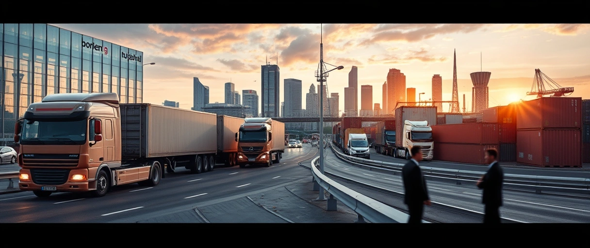 Ein dynamisches Stadtpanorama von Düsseldorf mit Logistik-Elementen wie Lkws, Lagerhallen und Containern im Vordergrund, begleitet von professionell gekleideten Personen in einem modernen Büroambiente. Die Szene verbindet urbane Arbeitswelten mit typischen Branchensymbolen und strahlt zukunftsorientierte Karrieremöglichkeiten aus.