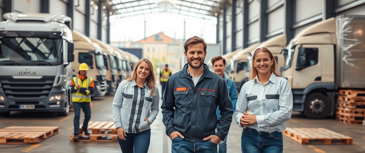 Ein dynamisches Bild zeigt eine moderne Lagerhalle in Erlangen mit Mitarbeitern, die in der Logistikbranche tätig sind, umgeben von Transportfahrzeugen und Paletten. Im Vordergrund sind lächelnde Fachkräfte bei der Arbeit zu sehen, während im Hintergrund die charakteristische Industriearchitektur der Stadt erkennbar ist.