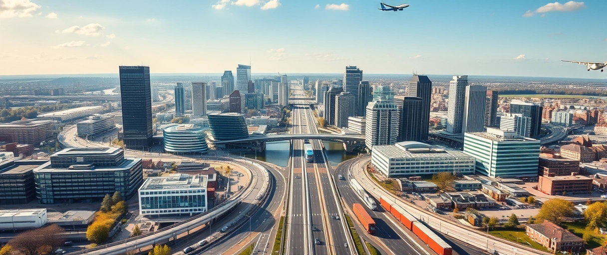 Ein dynamisches Stadtpanorama Frankfurts mit Flugzeugen, LKWs und Containern im Vordergrund, umgeben von modernen Bürogebäuden und Verkehrsadern, die das Rhein-Main-Drehkreuz symbolisieren.